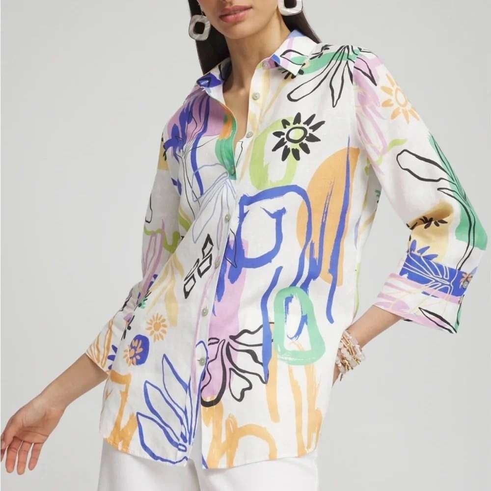 Chicos Surreal Linen Button Down Shirt Size Large Art To Wear Coastal Grandma